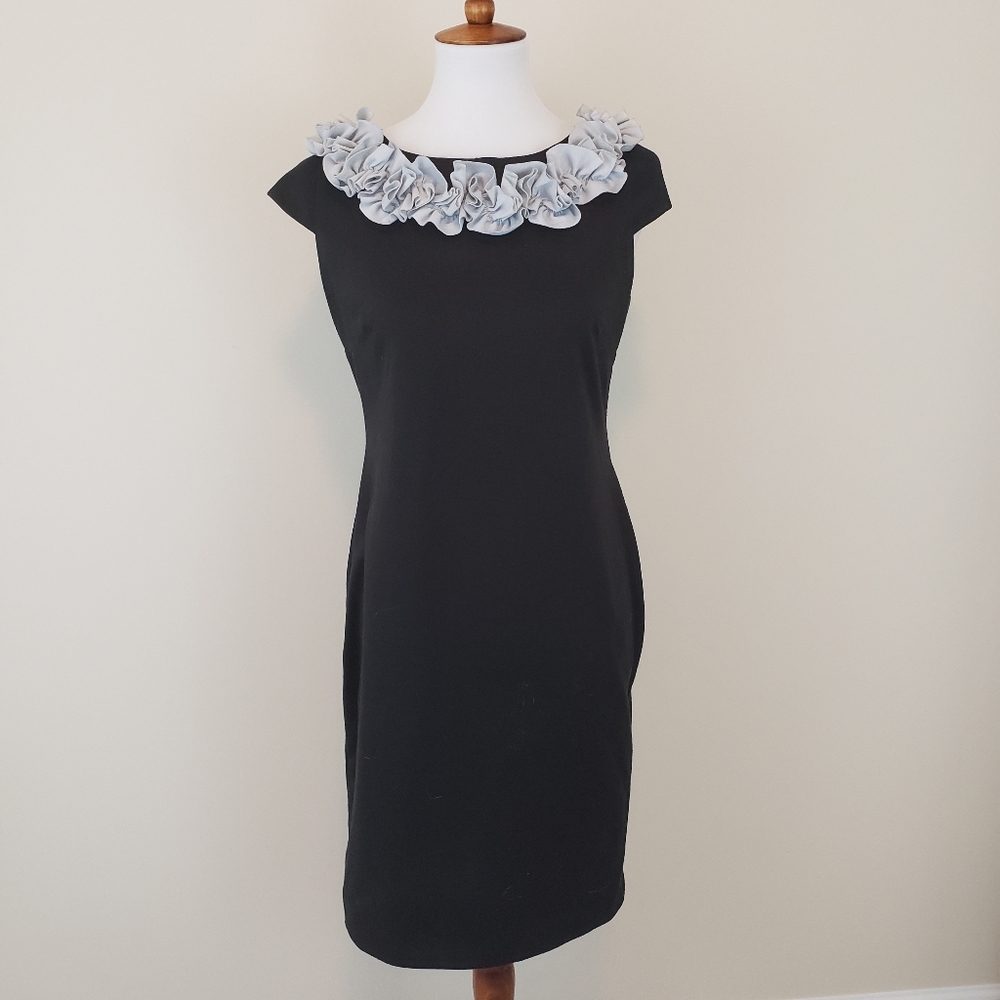 Jillian Taylor Black Gray Knit Sheath Dress Vintage Ruffle Neckline Size 10